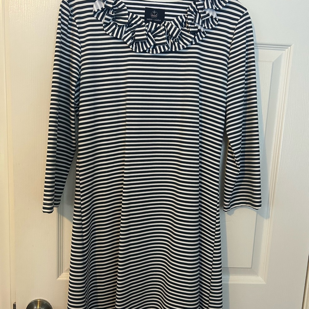 Sailor Sailor Navy & White Striped Dress Ruffled Neck Small